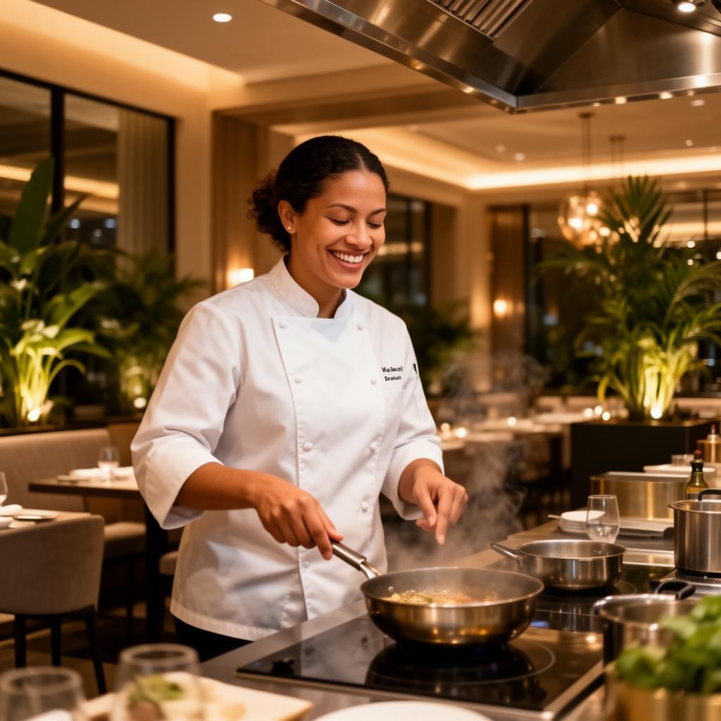 Chef sorrindo em uma cozinha profissional de restaurante